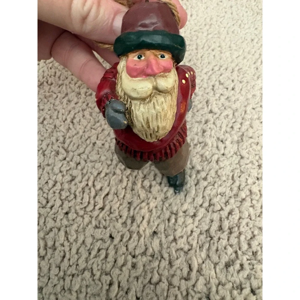 Vintage 2001 BIC Ice Skating Santa Christmas Ornament Red Sweater Folk Art